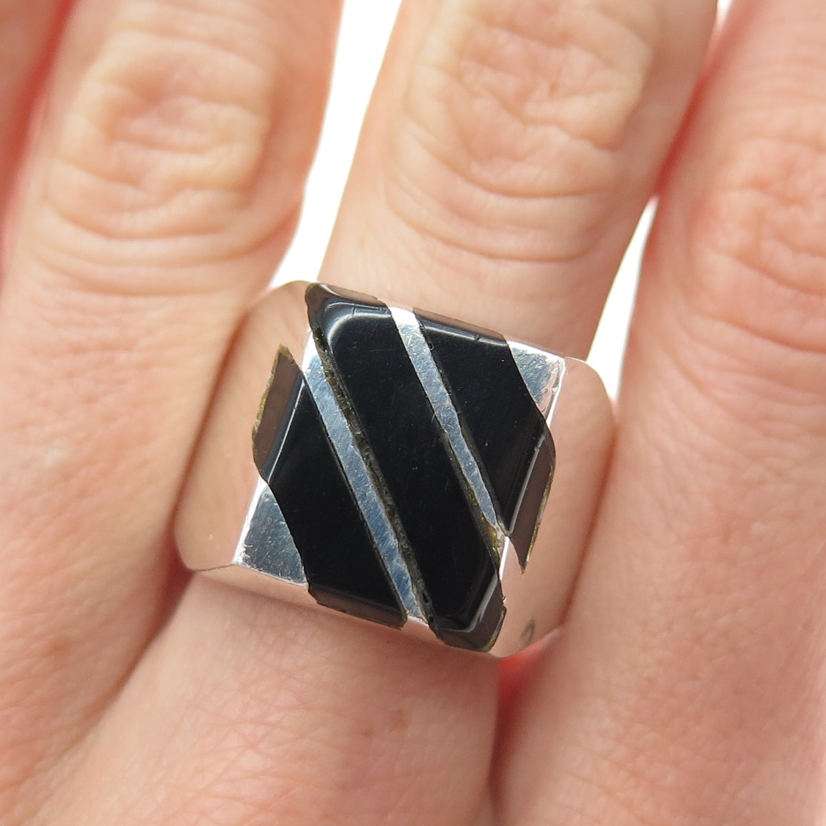 925 Sterling Silver Vintage Mexico Real Black Onyx Modernist Ring Size 11.75