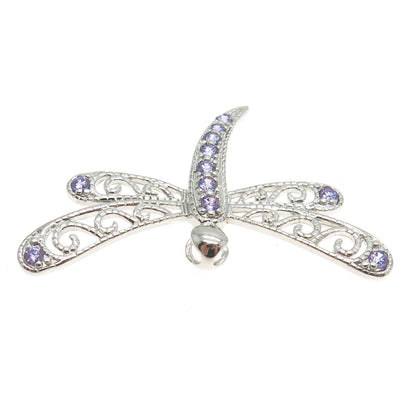 925 Sterling Silver Real Round-Cut Amethyst Dragonfly Slide Pendant