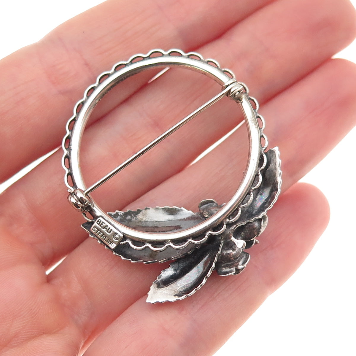Beau 925 Sterling Silver Vintage Rose Floral Oxidized Pin Brooch