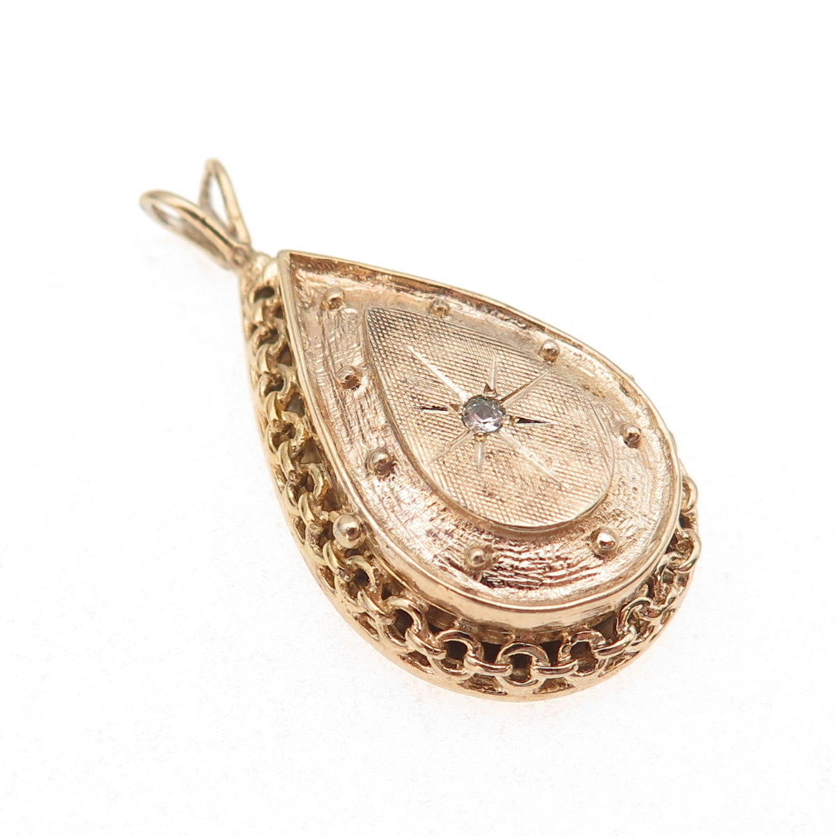 925 Sterling Silver Gold Plated Vintage Rhinestone Teardrop Locket Charm Pendant