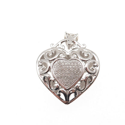 925 Sterling Silver Real Round-Cut Diamond Heart Ornate Charm Pendant