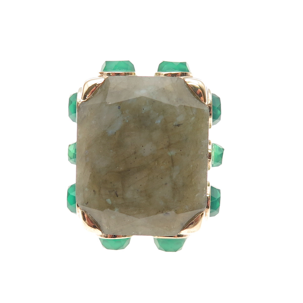 925 Sterling Silver Gold Plated Real Labradorite Green Chalcedony Ring Size 7.5