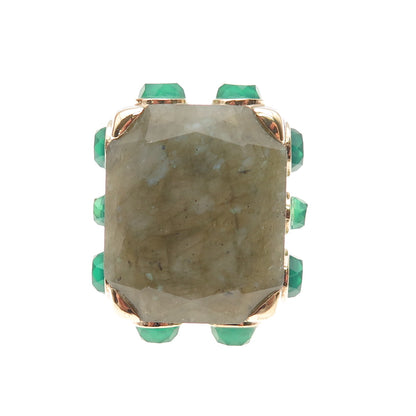 925 Sterling Silver Gold Plated Real Labradorite Green Chalcedony Ring Size 7.5