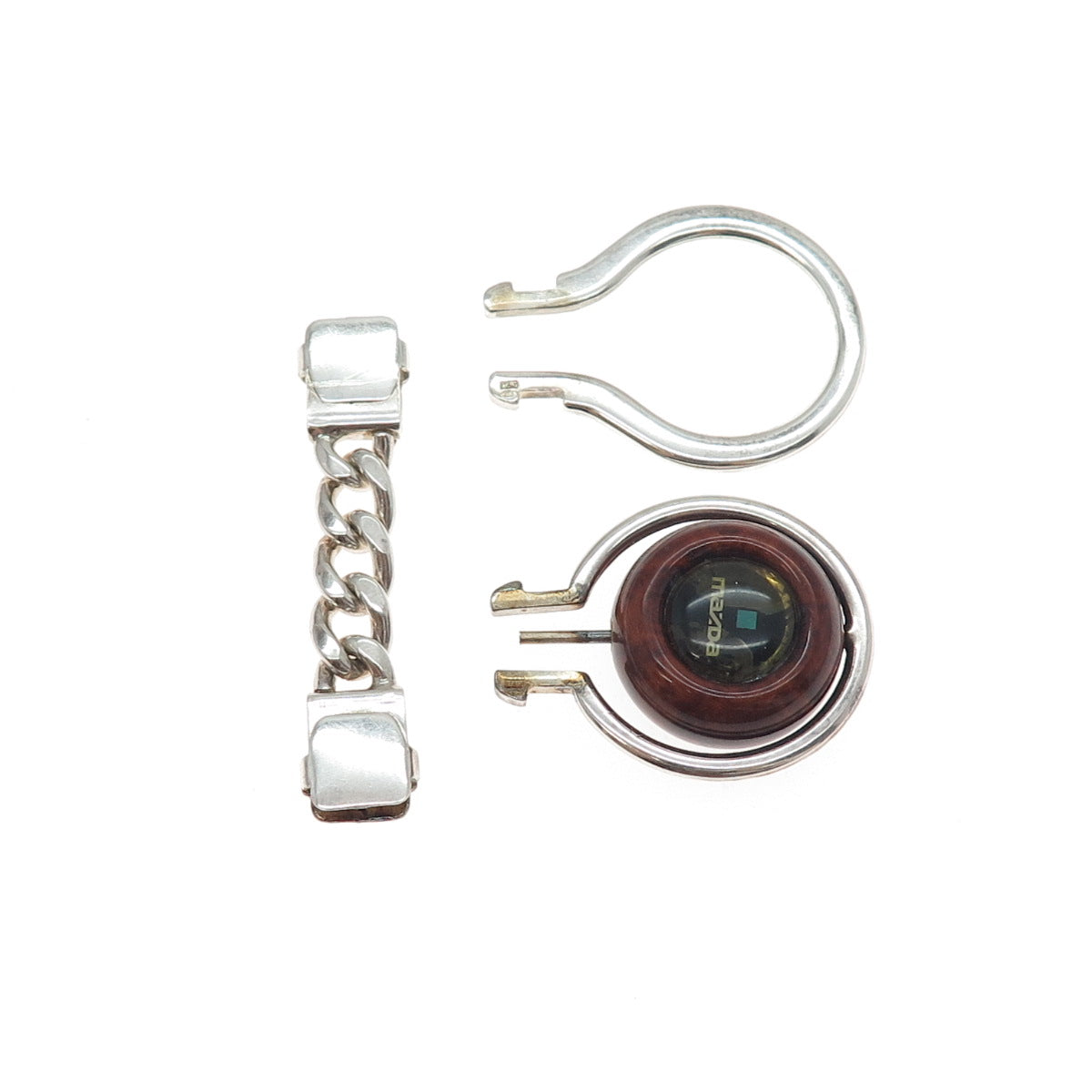 925 Sterling Silver Vintage Italy Wood Mazda Logo Key Fob Chain Ring