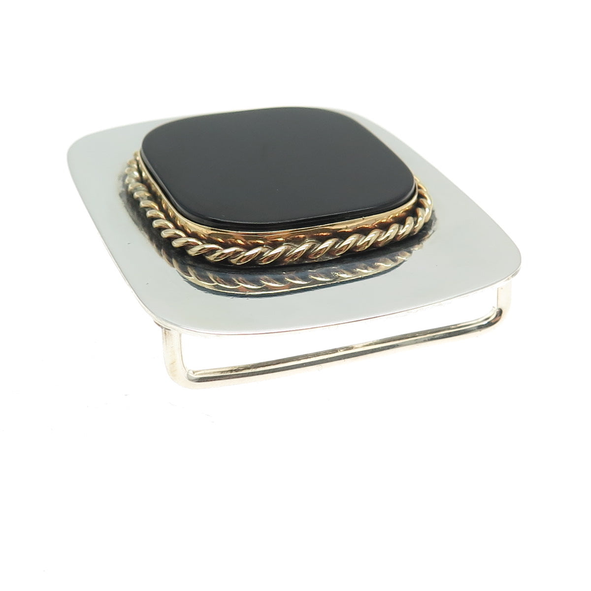 925 Sterling Silver 2-Tone Vintage Real Black Onyx Roped Modernist Belt Buckle