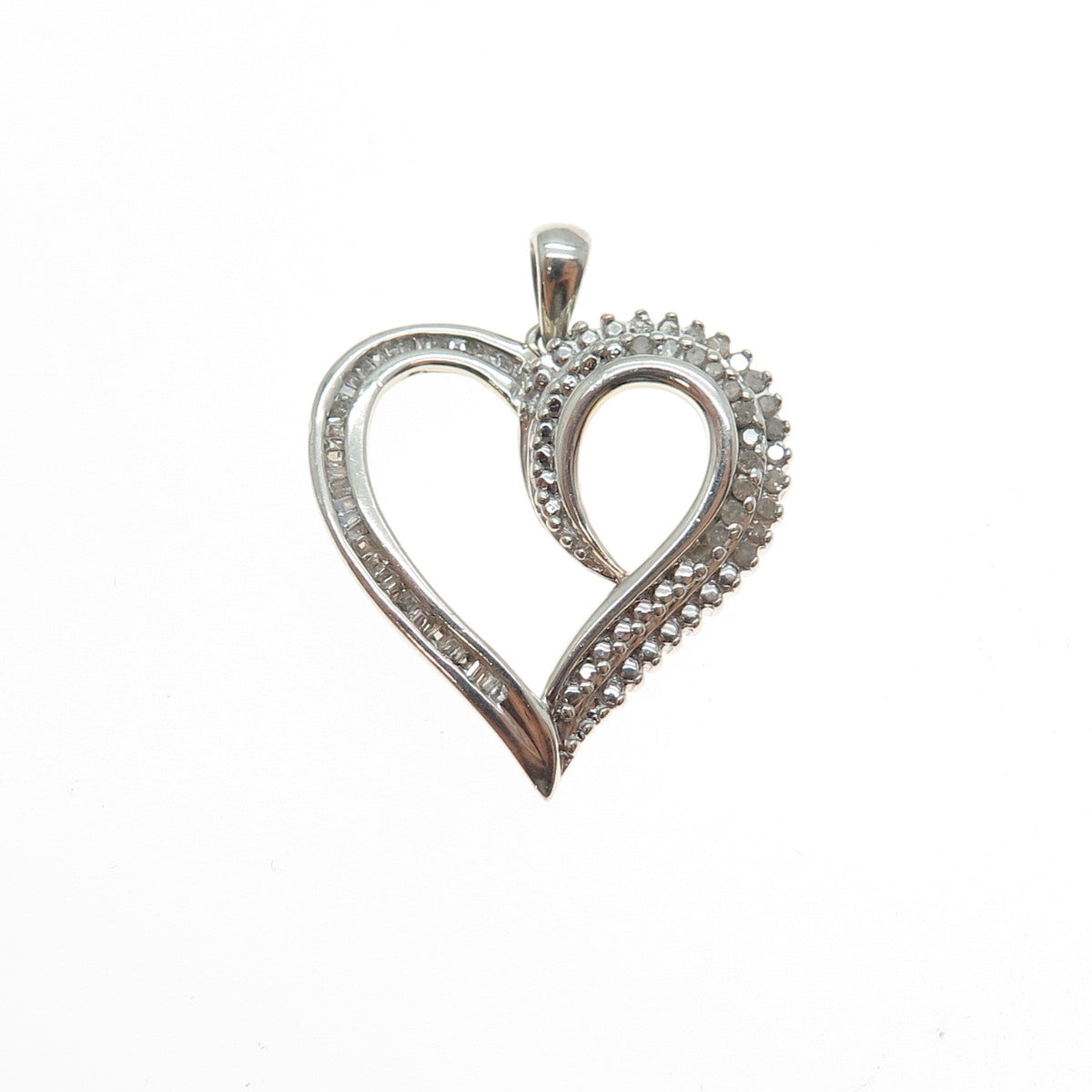 SUN 925 Sterling Silver Real Round & Tapered Baguette-Cut Diamond Heart Pendant