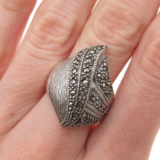 925 Sterling Silver Vintage Real Marcasite Wavy Oxidized Ring Size 7