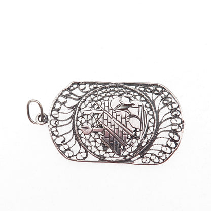 925 Sterling Silver Vintage Egyptian Pharaoh & Pyramid Filigree Oxidized Pendant