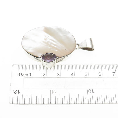 925 Sterling Silver Vintage Real MOP & Amethyst Modernist Pendant