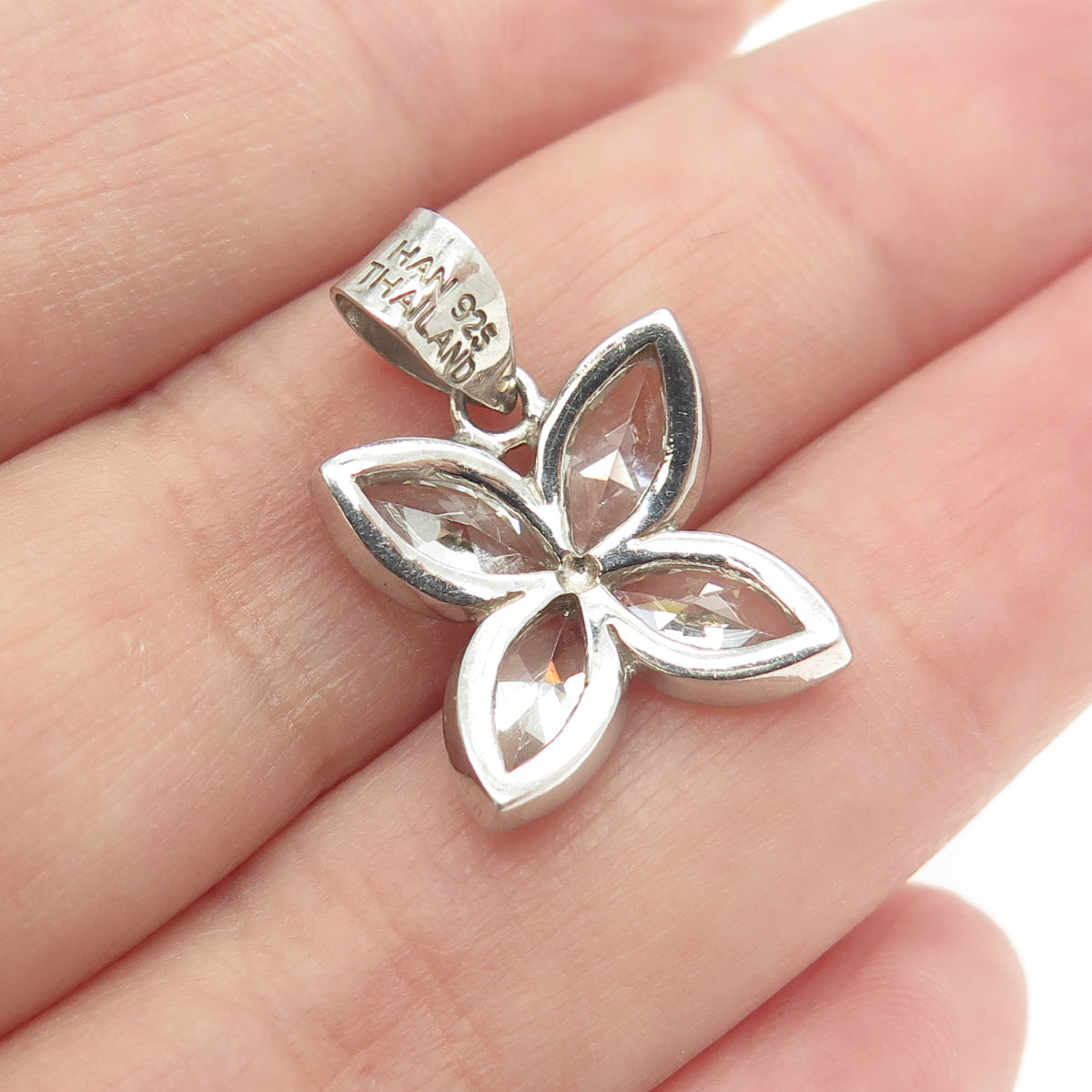 HAN 925 Sterling Silver Marquise-Cut C Z Flower Pendant