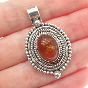 925 Sterling Silver Vintage Real Amber Beaded Oxidized Charm Pendant