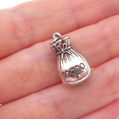 925 Sterling Silver Antique Art Deco 10 000 Money Bag Oxidized 3D Charm Pendant