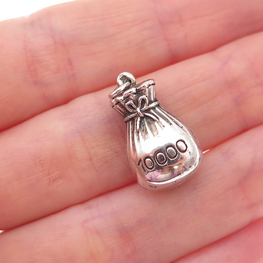 925 Sterling Silver Antique Art Deco 10 000 Money Bag Oxidized 3D Charm Pendant