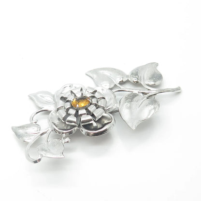 925 Sterling Silver Antique Art Deco Yellow Rhinestone Floral Pin Brooch