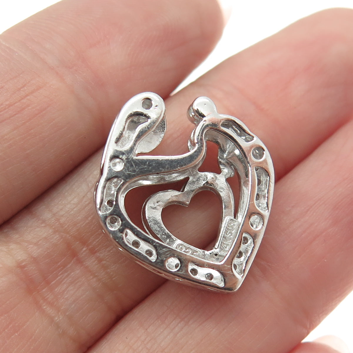 SUN 925 Sterling Silver & 14K Rose Gold Diamond Mom & Child Heart Slide Pendant