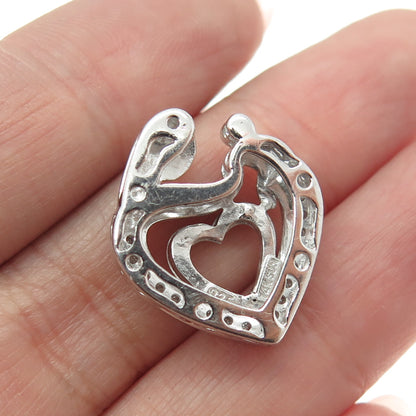 SUN 925 Sterling Silver & 14K Rose Gold Diamond Mom & Child Heart Slide Pendant