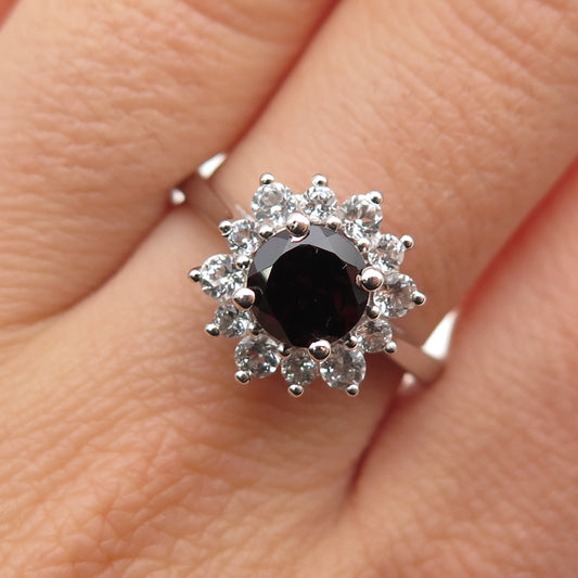 925 Sterling Silver Real Round-Cut Red Garnet & C Z Ring Size 9