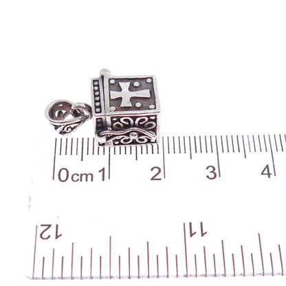 925 Sterling Silver Vintage Flower Cross Oxidized Minimalist Pill Box Pendant