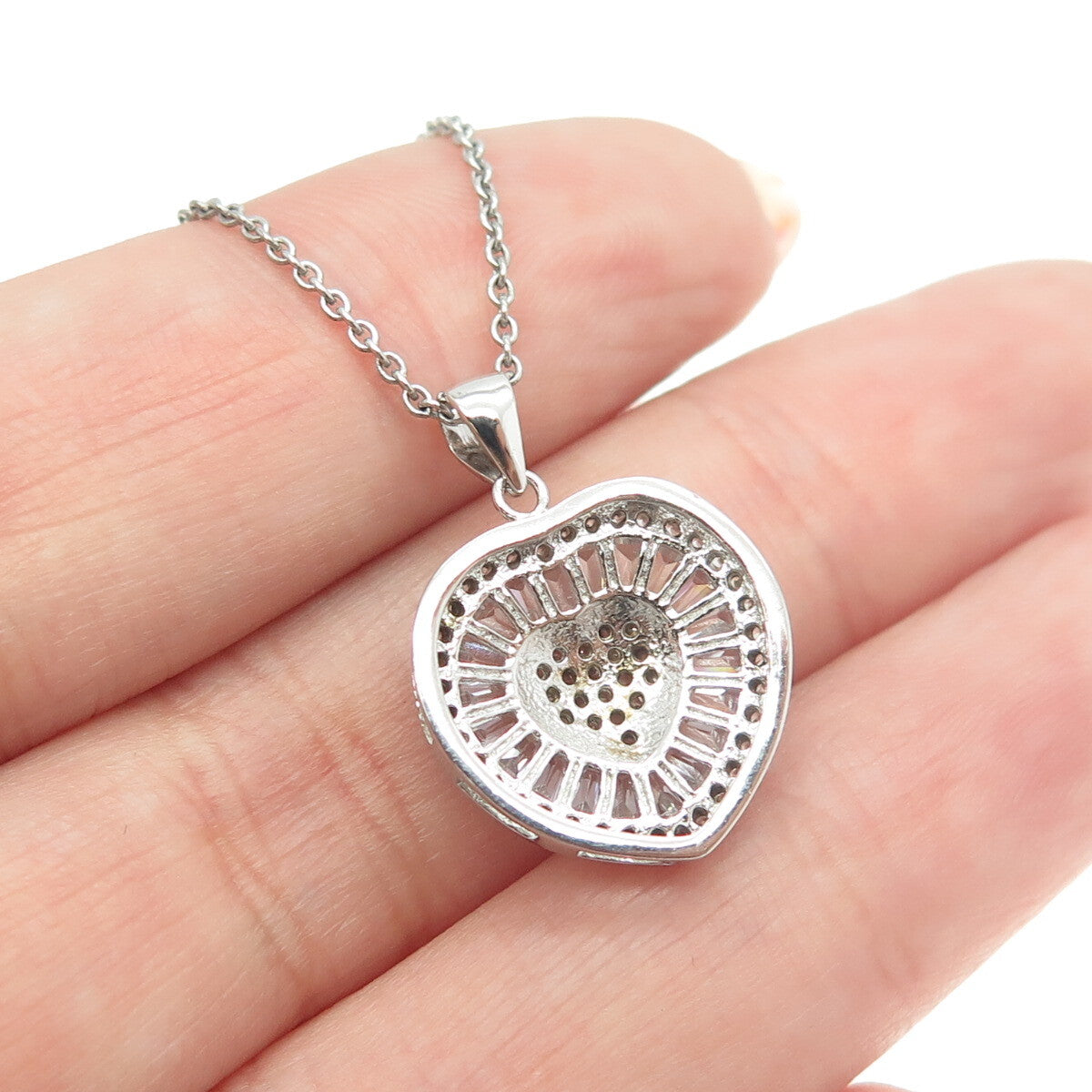 925 Sterling Silver Italy Round & Tapered Baguette-Cut C Z Heart Necklace 16"