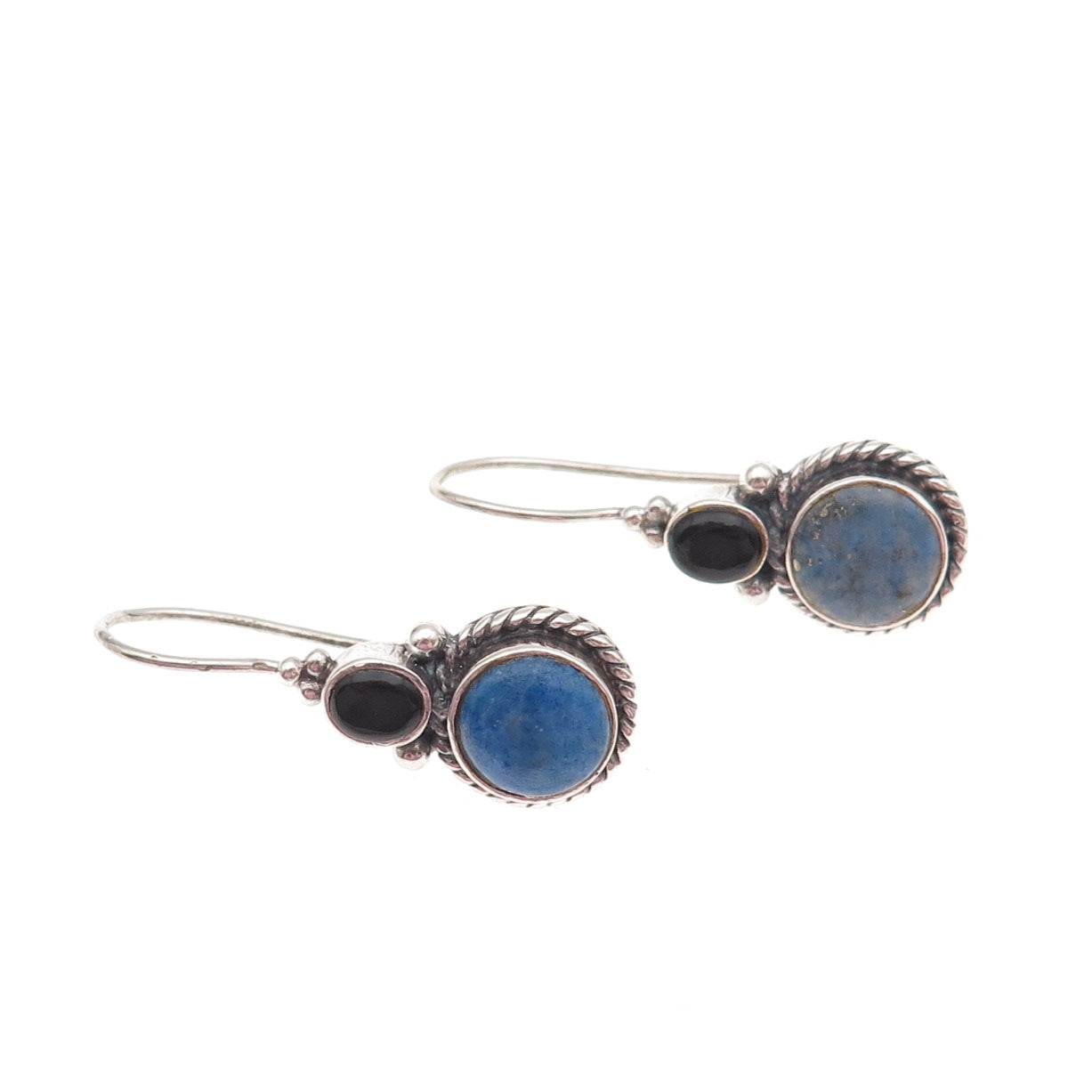 925 Sterling Silver Vintage Real Lapis & Black Onyx Drop Earrings