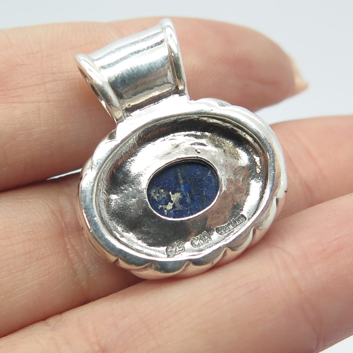 925 Sterling Silver Vintage Real Lapis Lazuli Gemstone Ribbed Slide Pendant