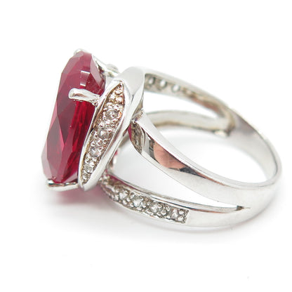 925 Sterling Silver Real White Topaz Gemstone & Lab-Created Ruby Ring Size 7.25