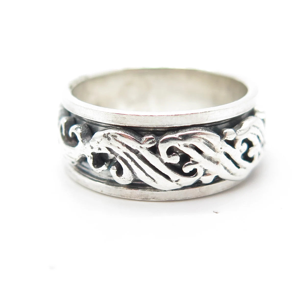 925 Sterling Silver Vintage Swirl Rotating Band Ring Size 7.75