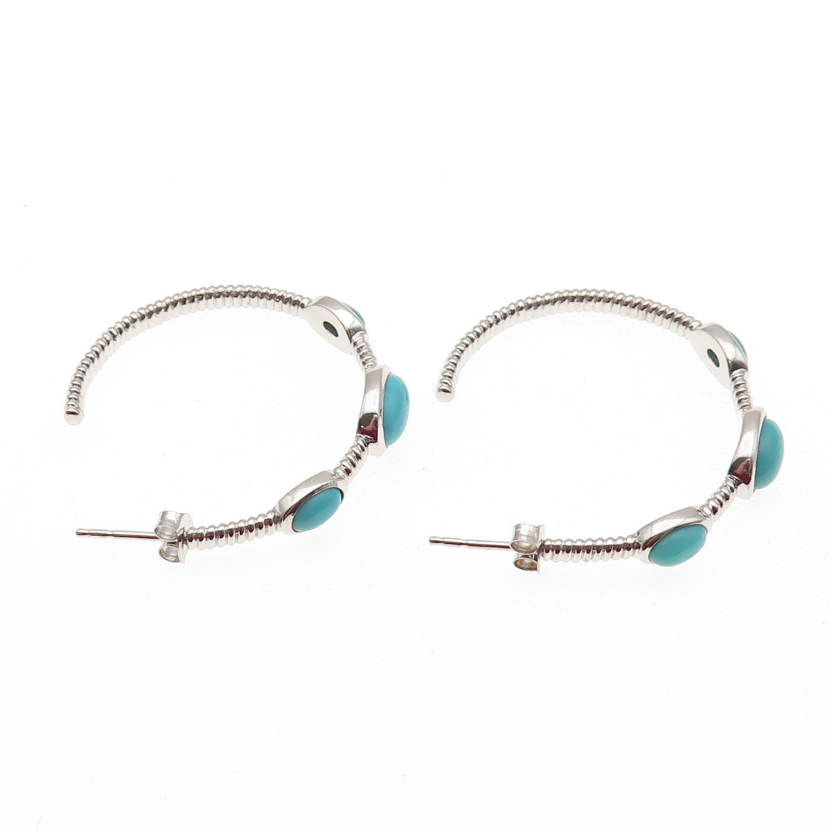 925 Sterling Silver Real Turquoise Station Hoop Earrings