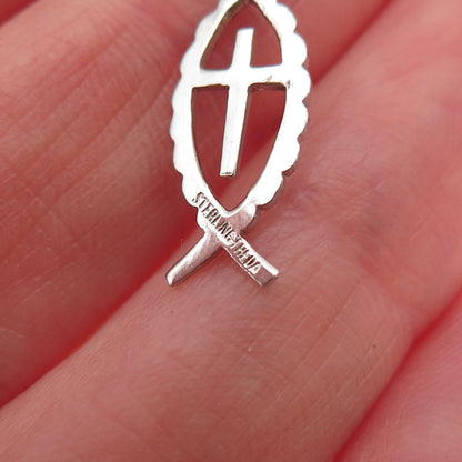 THEDA 925 Sterling Silver Vintage Ichthys Cross Religious Mini Charm Pendant