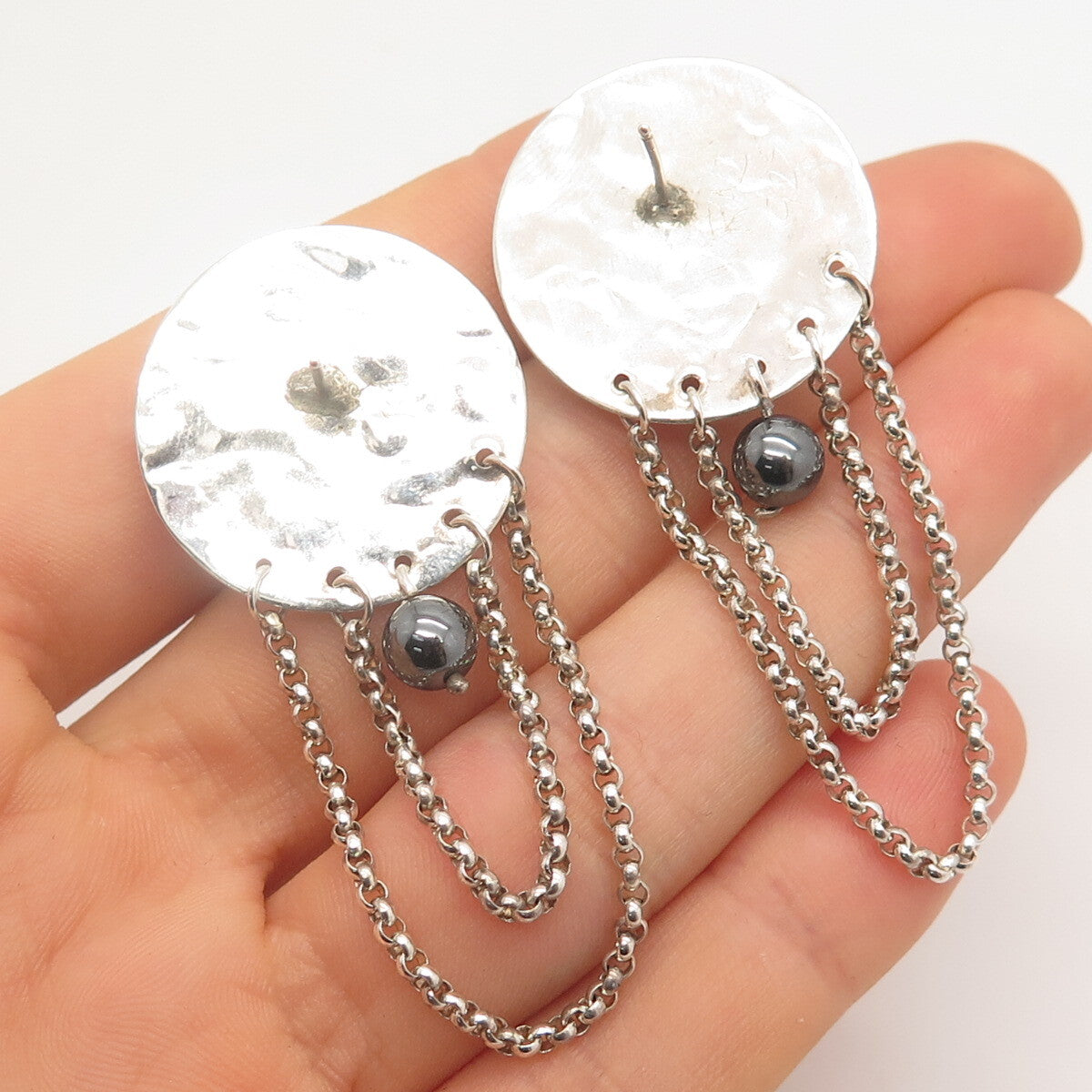 925 Sterling Silver Vintage Hematite Gem Box Chain Hammered Round Earrings