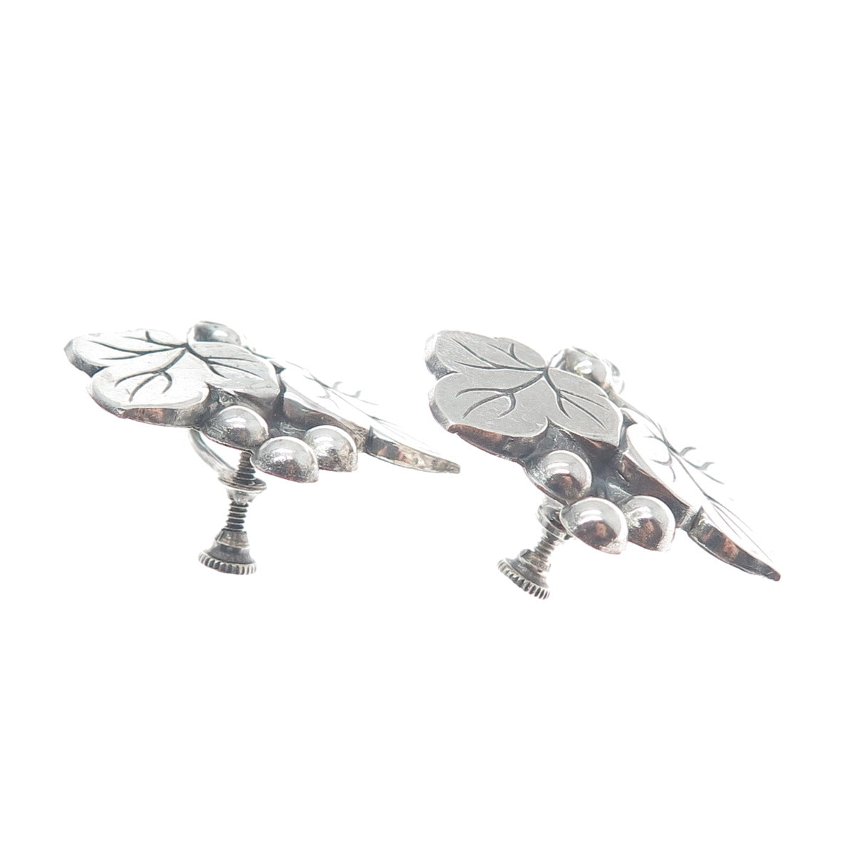 925 Sterling Silver Vintage Grape & Leaf Repopusse Screw Back Earrings
