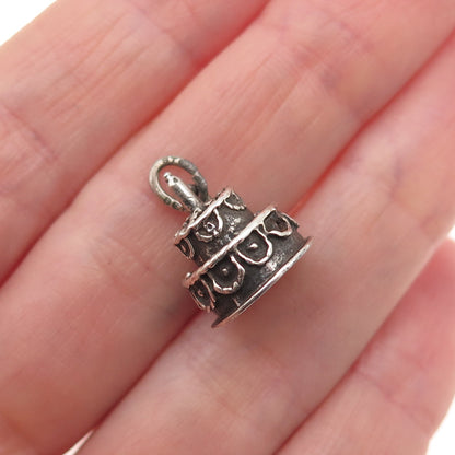 BEAU 925 Sterling Silver Antique Art Deco Happy Birthday Cake 3D Mini Pendant