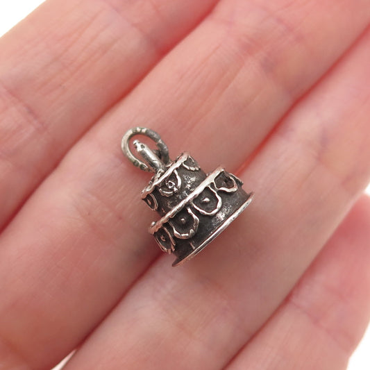 BEAU 925 Sterling Silver Antique Art Deco Happy Birthday Cake 3D Mini Pendant