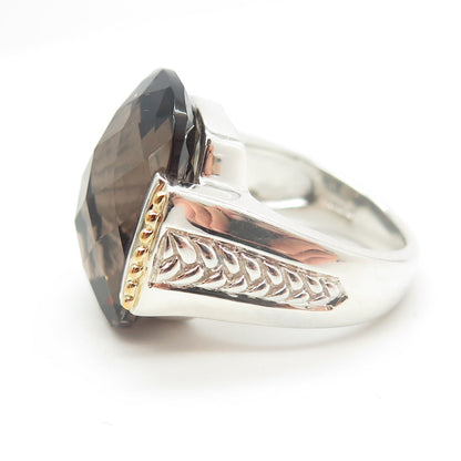 MICHELLE ALBALA 925 Sterling Silver 2-Tone Smoky Quartz Statement Ring Size 6.25