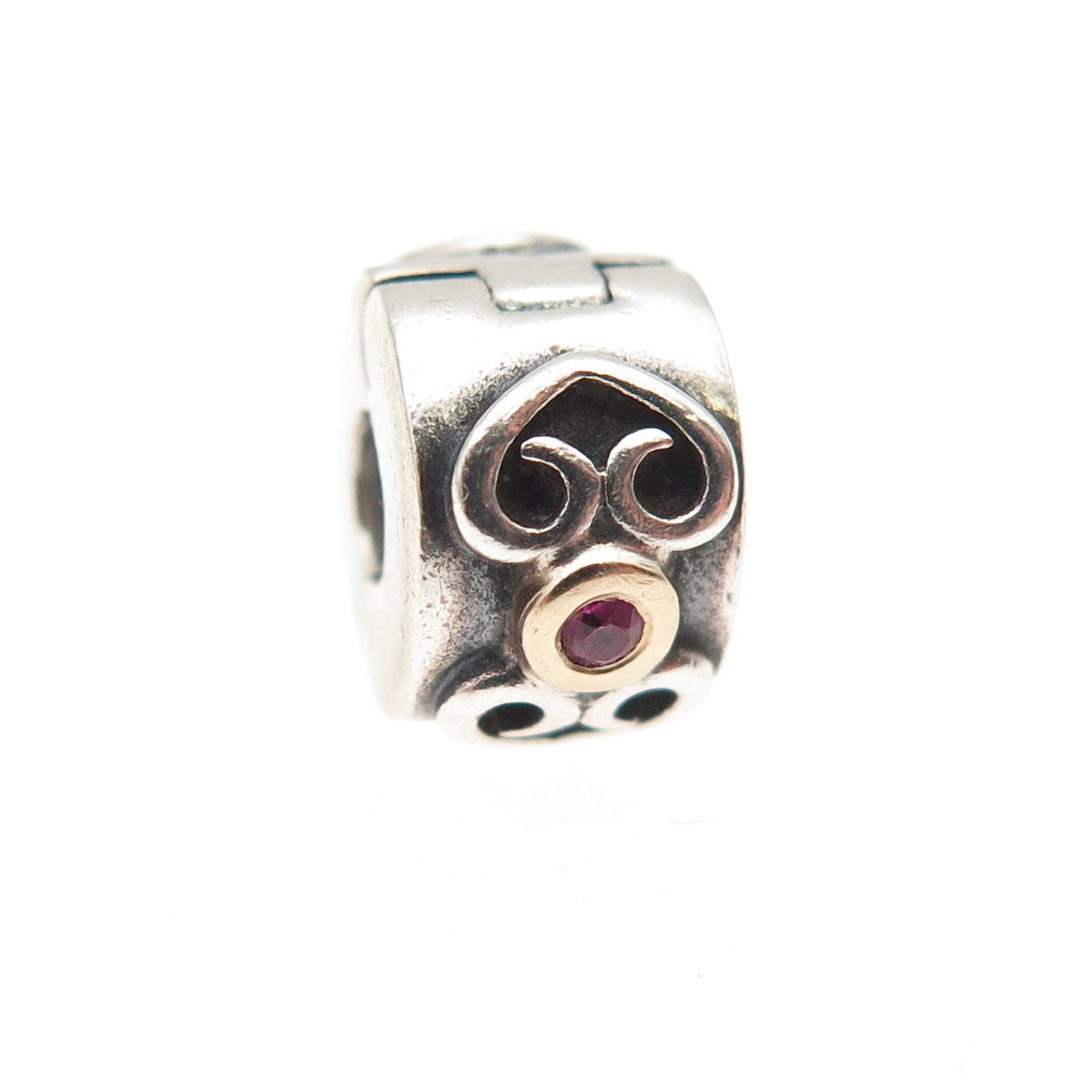 PANDORA 925 Sterling Silver & Gold Real Ruby Double Heart Clip Charm