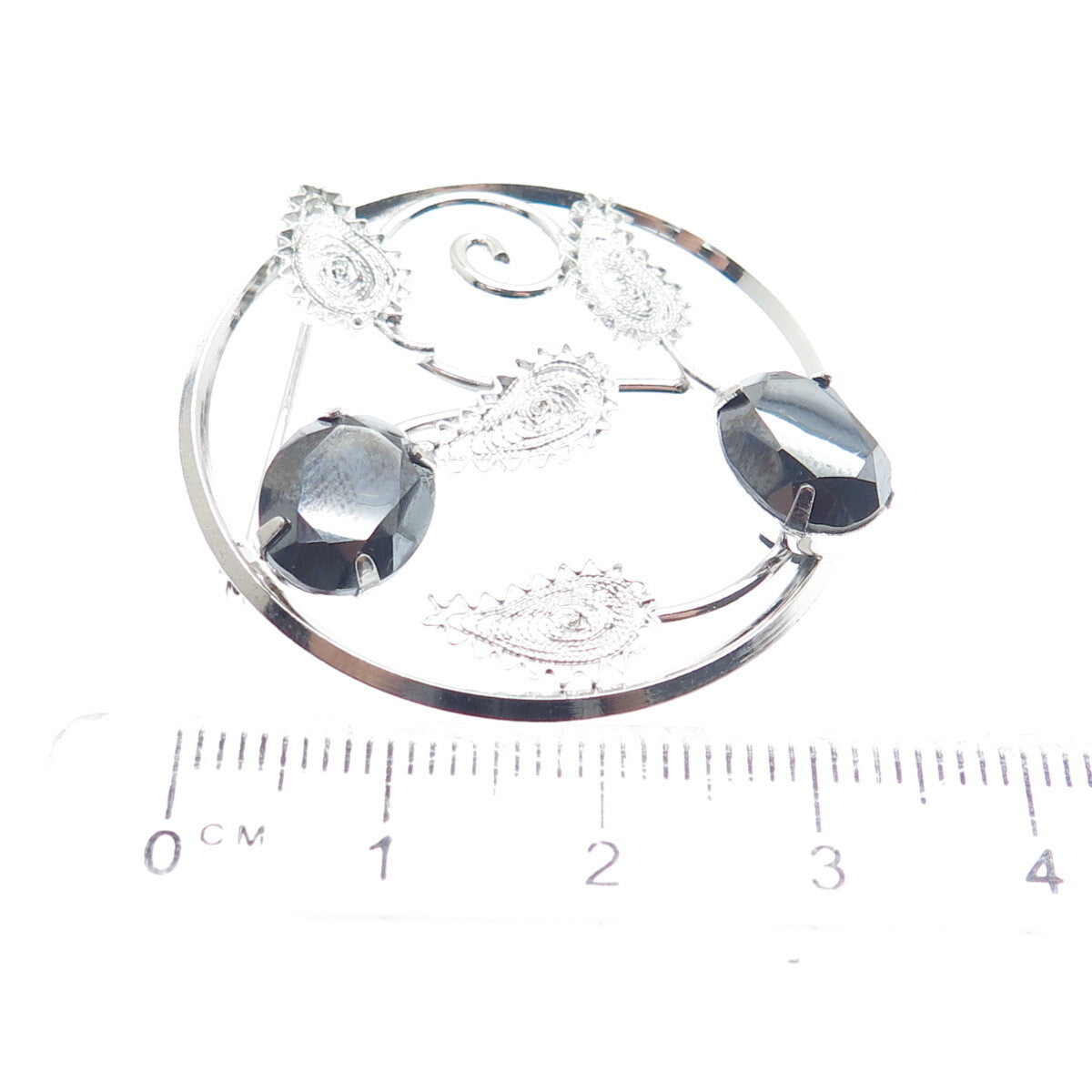 D'OR 925 Sterling Silver Vintage Real Hematite Filigree Floral Leaf Pin Brooch