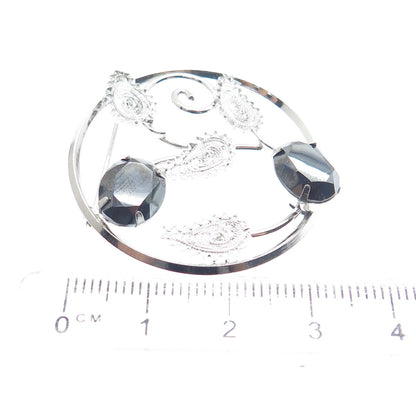 D'OR 925 Sterling Silver Vintage Real Hematite Filigree Floral Leaf Pin Brooch