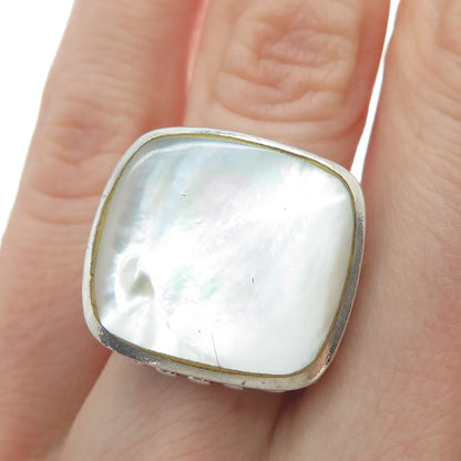 925 Sterling Silver Vintage Real Mother-of-Pearl Polka Dot Wide Ring Size 5.75