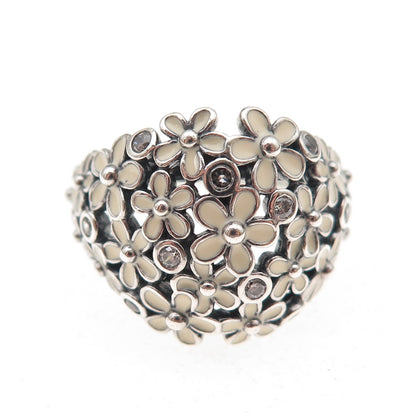 Pandora 925 Sterling Silver Enamel & C Z Darling Daisy Bouquet Ring Size 9.25