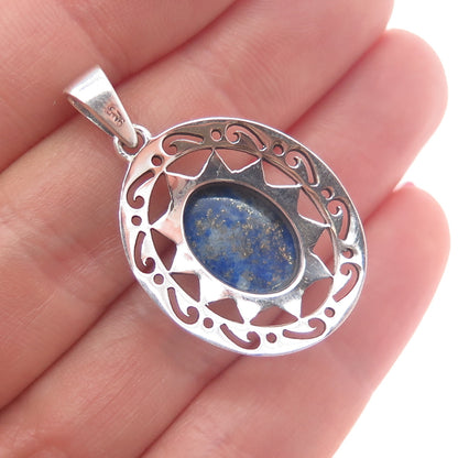 925 Sterling Silver Vintage Real Lapis Lazuli Ornate Sun Charm Pendant