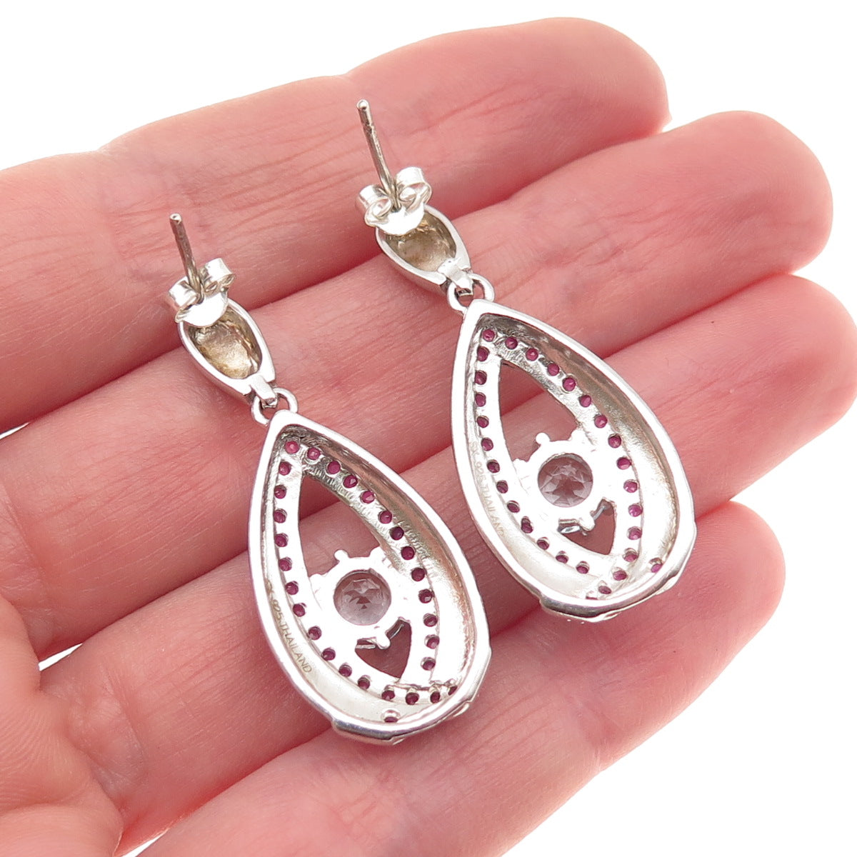 SX Sally C 925 Sterling Silver Real Blue Topaz & Ruby Teardrop Dangle Earrings