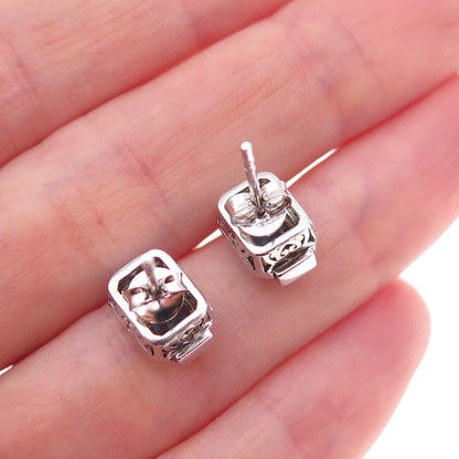 Han 925 Sterling Silver Emerald-Cut Blue & Round-Cut White C Z Stud Earrings