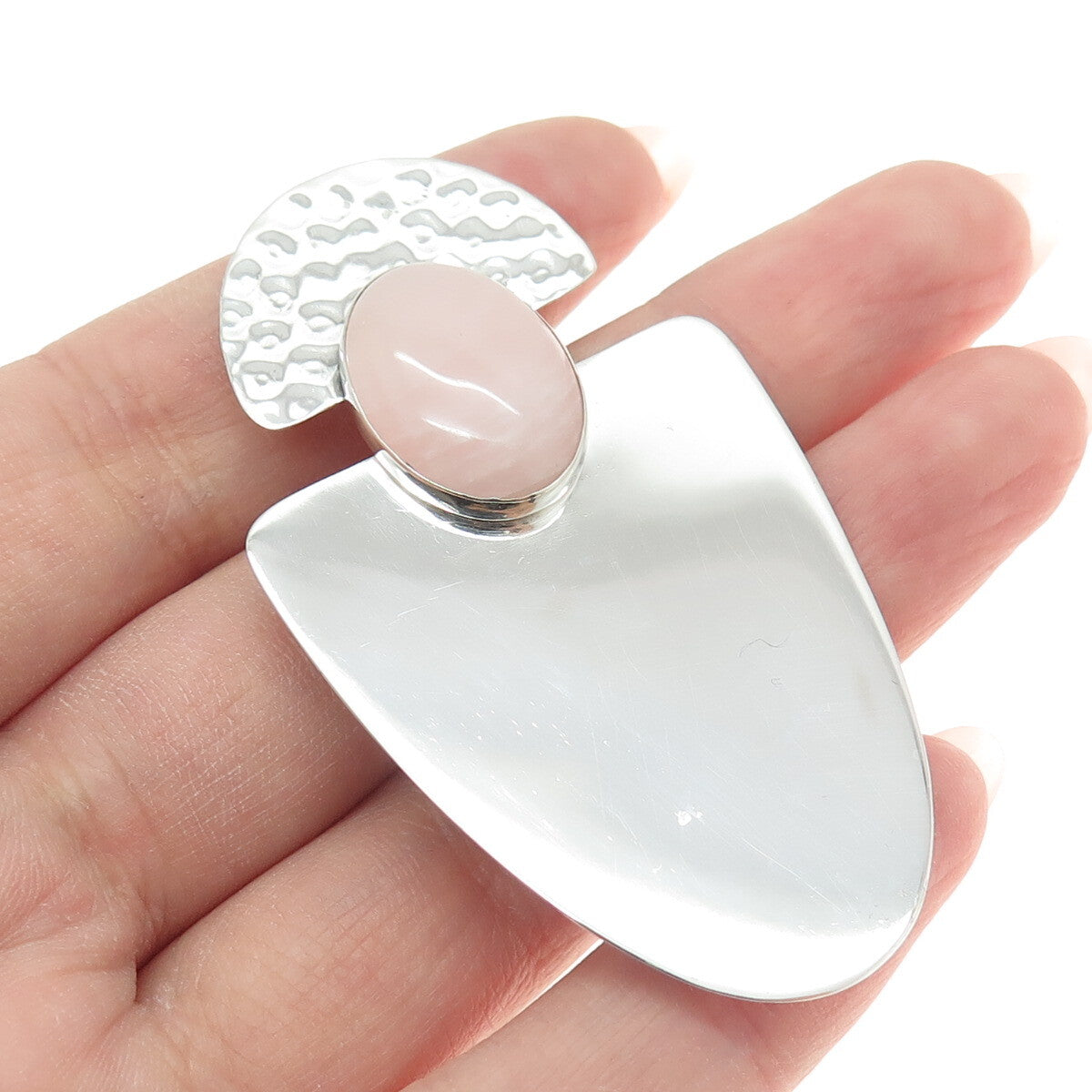MARCELL 925 Sterling Silver Vintage Real Rose Quartz Modernist Pin Brooch