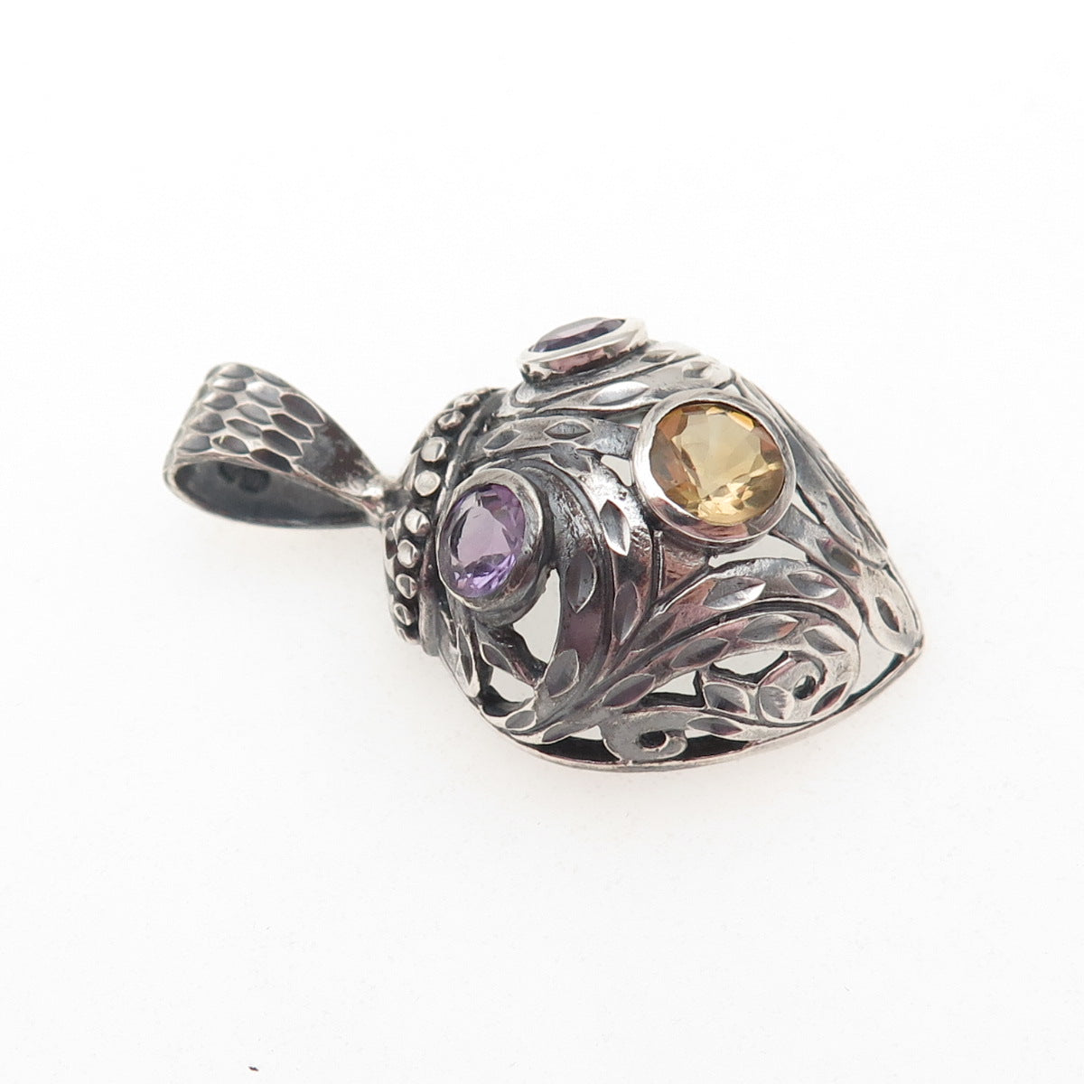 925 Sterling Silver Vintage Real Citrine & Amethyst Oxidized Charm Pendant