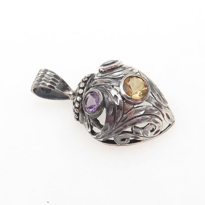 925 Sterling Silver Vintage Real Citrine & Amethyst Oxidized Charm Pendant