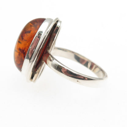 925 Sterling Silver Vintage Real Amber Modernist Ring Size 7.5