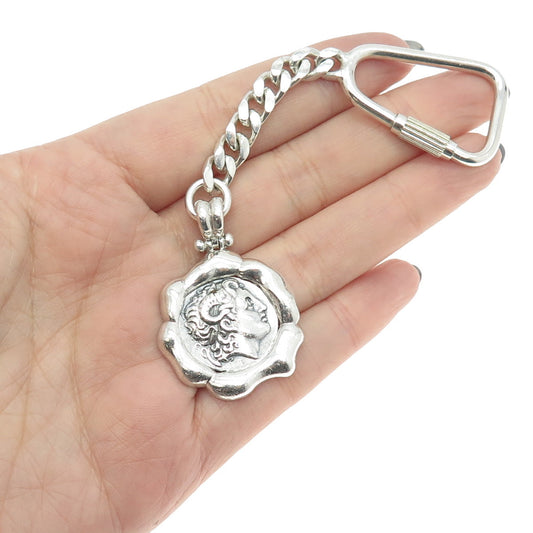 925 Sterling Silver Vintage Alexander The Great Coin Key Chain Ring Holder