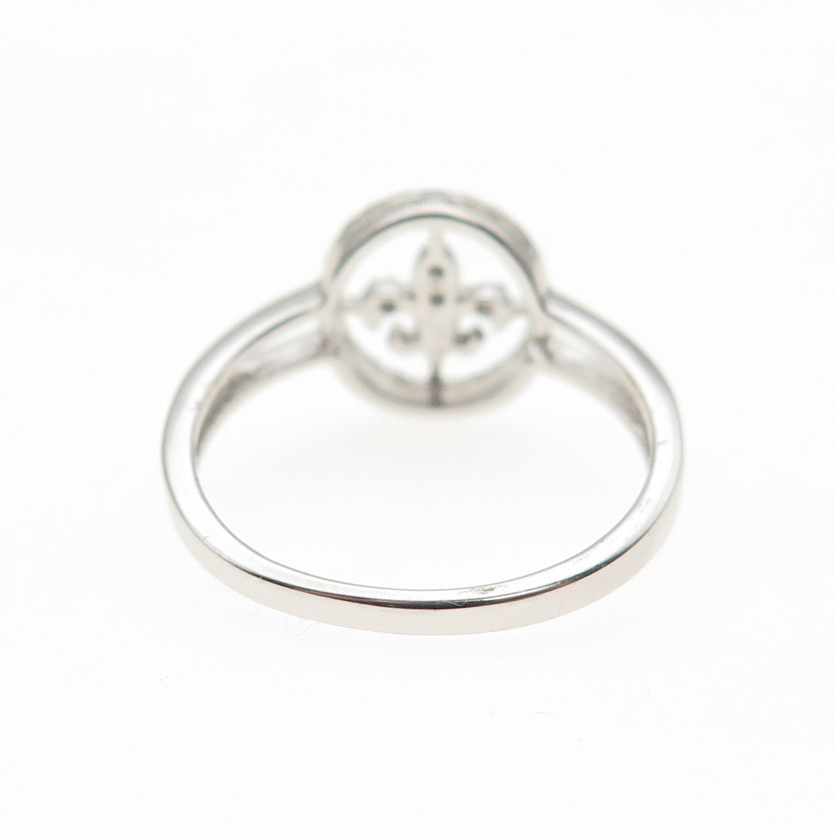 925 Sterling Silver Real Round-Cut Diamond Fleur de Lis Ring Size 7