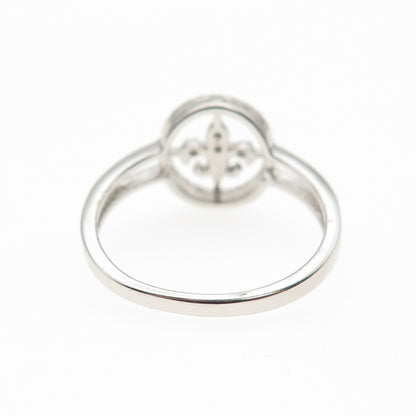 925 Sterling Silver Real Round-Cut Diamond Fleur de Lis Ring Size 7
