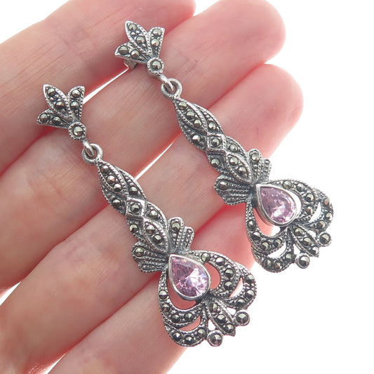 925 Sterling Silver Vintage Real Marcasite & Pink C Z Oxidized Dangle Earrings